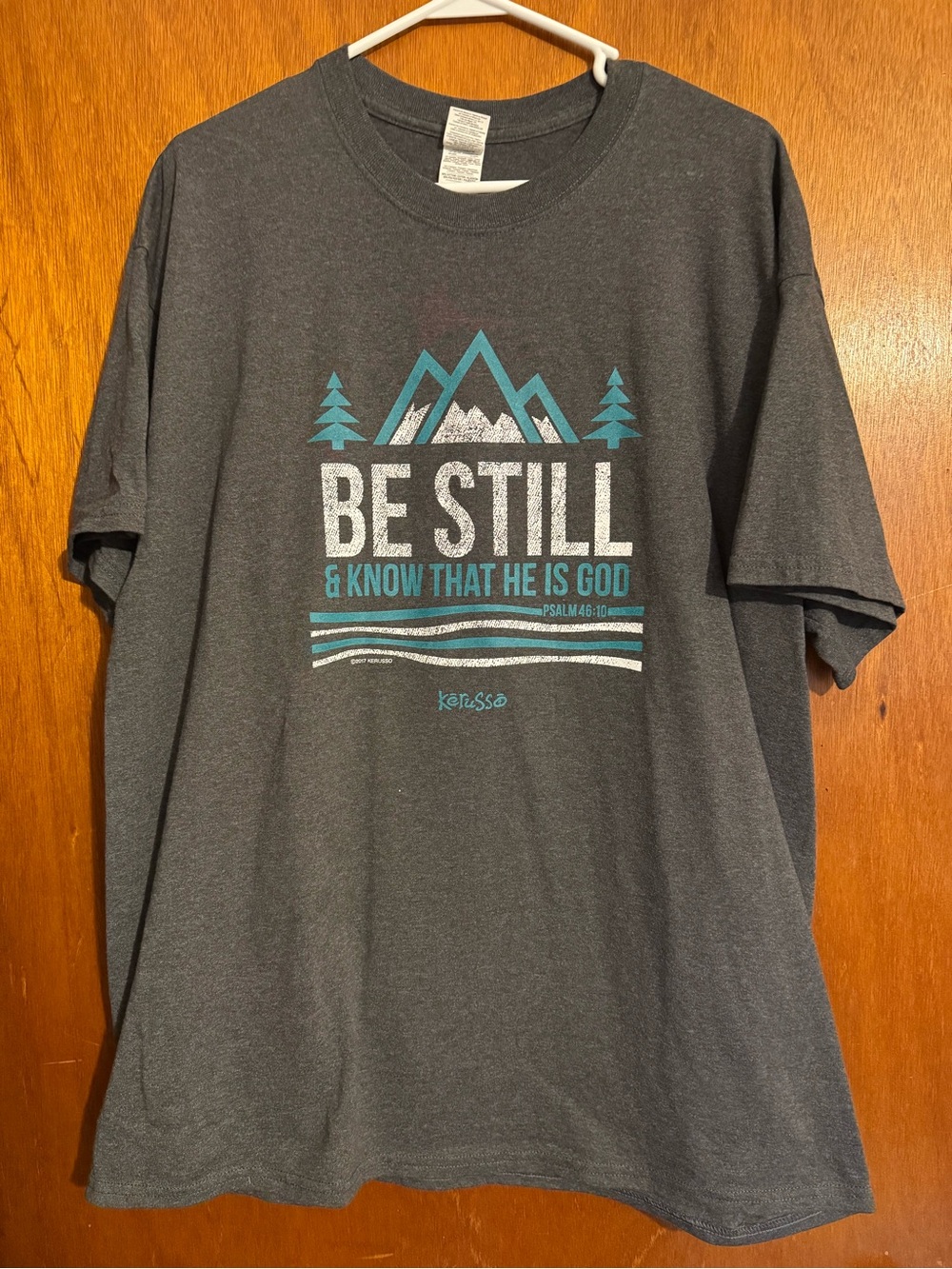 Gildan Charcoal Tee with Teal and White Be Still and Know Faith Graphic